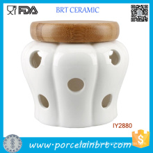 White Garlic Storage Jar Ceramic Candle Jar with Wood Lid